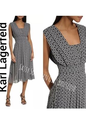 🆕⭐Karl Lagerfeld Black White Geo Print Midi Dress